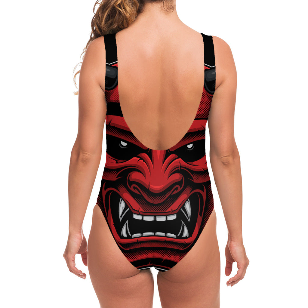 Red Japanese Demon Mask Print One Piece Swimsuit