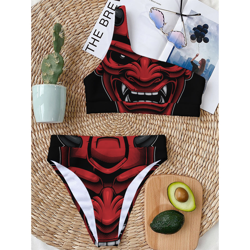 Red Japanese Demon Mask Print One Shoulder Bikini Top