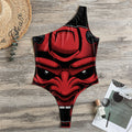 Red Japanese Demon Mask Print One Shoulder Bodysuit