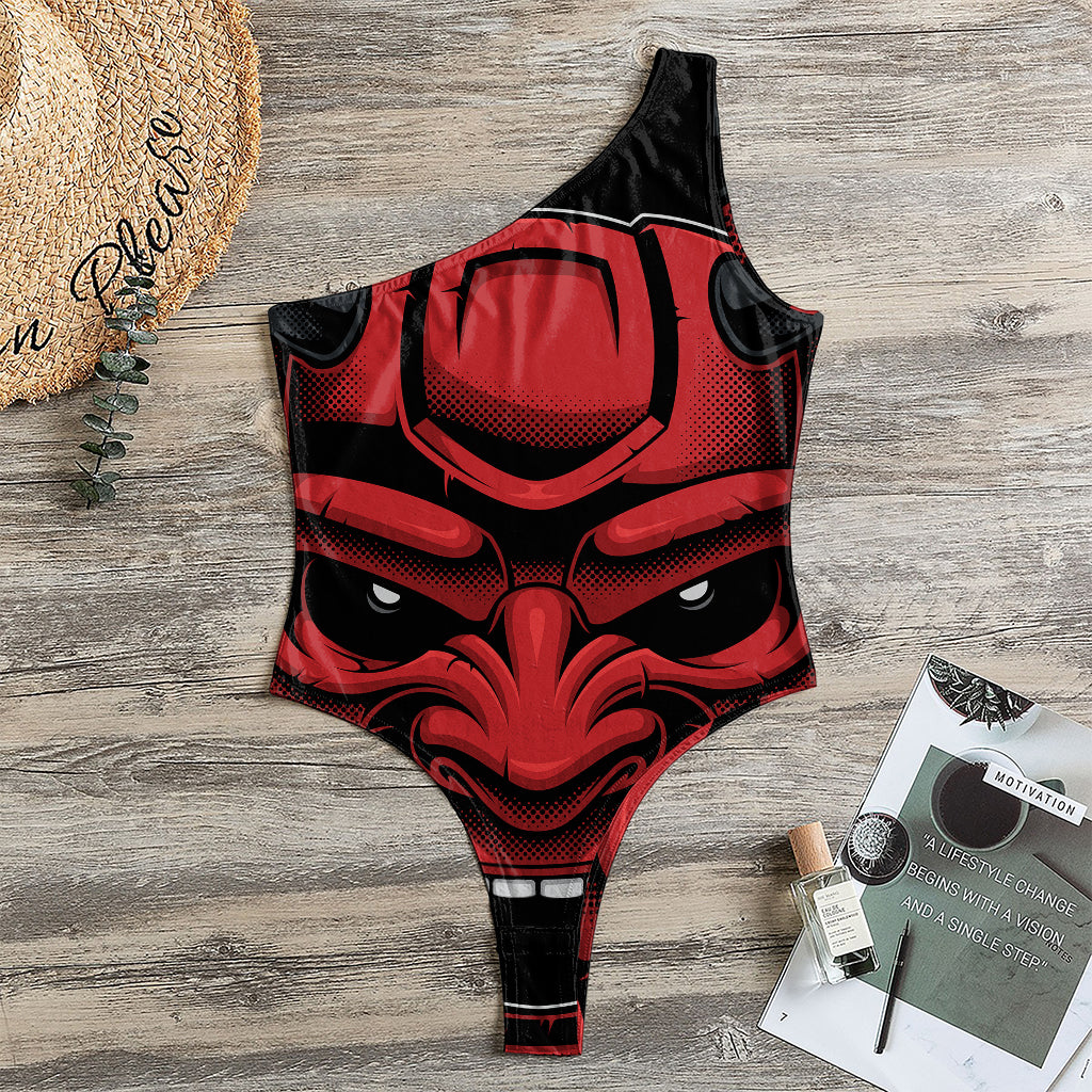 Red Japanese Demon Mask Print One Shoulder Bodysuit