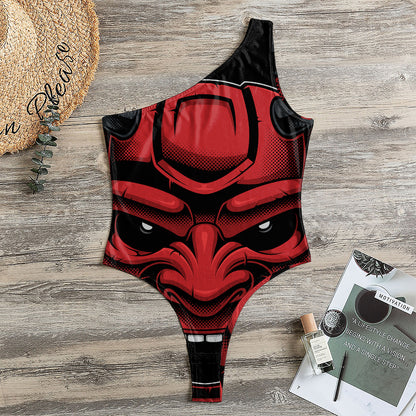 Red Japanese Demon Mask Print One Shoulder Bodysuit