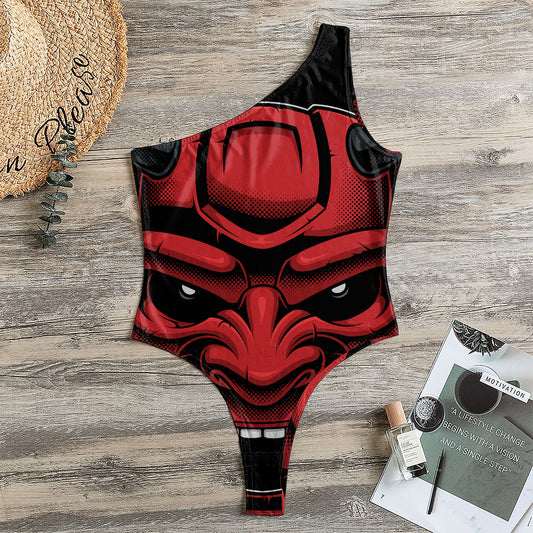 Red Japanese Demon Mask Print One Shoulder Bodysuit