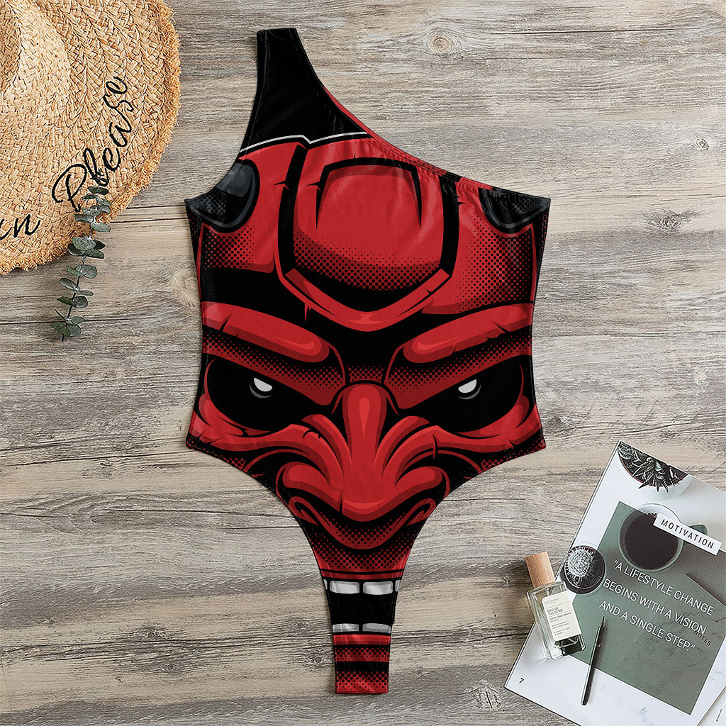 Red Japanese Demon Mask Print One Shoulder Bodysuit