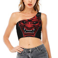 Red Japanese Demon Mask Print One Shoulder Crop Top