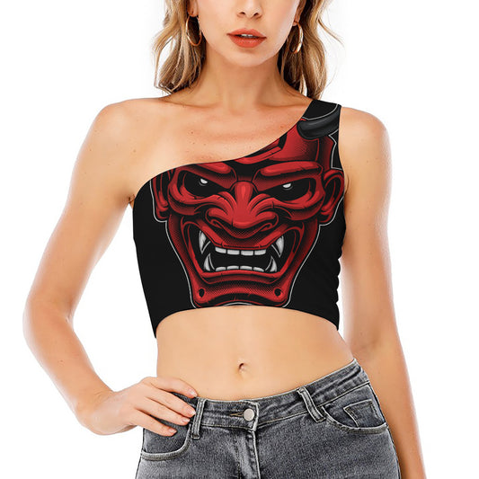Red Japanese Demon Mask Print One Shoulder Crop Top