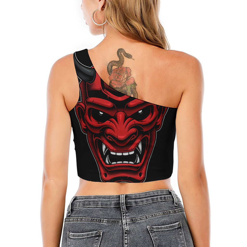 Red Japanese Demon Mask Print One Shoulder Crop Top