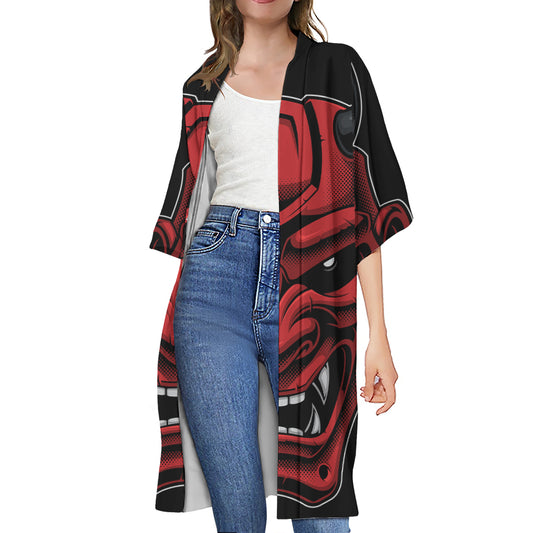 Red Japanese Demon Mask Print Open Front Beach Cover Up