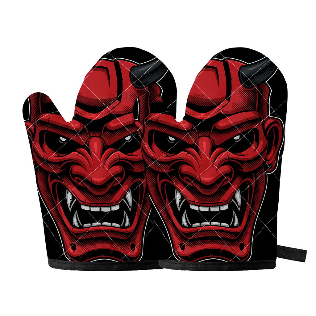Red Japanese Demon Mask Print Oven Mitts