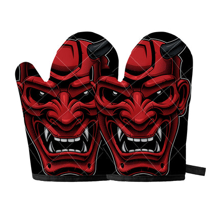 Red Japanese Demon Mask Print Oven Mitts