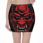 Red Japanese Demon Mask Print Pencil Mini Skirt