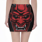 Red Japanese Demon Mask Print Pencil Mini Skirt