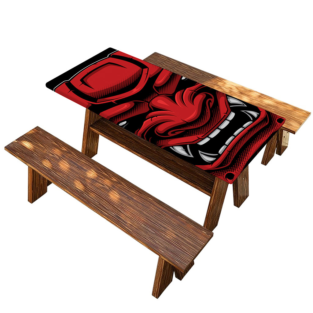 Red Japanese Demon Mask Print Picnic Table Cover