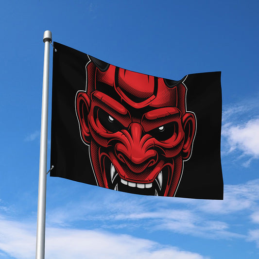Red Japanese Demon Mask Print Polyester Flag