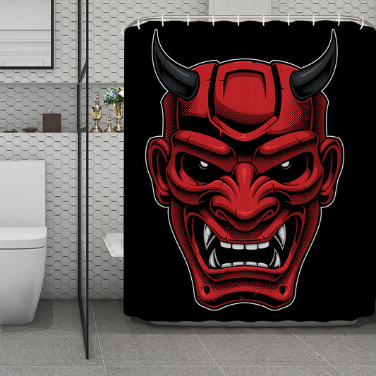 Red Japanese Demon Mask Print Polyester Shower Curtain