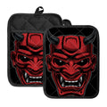 Red Japanese Demon Mask Print Pot Holders With Pocket
