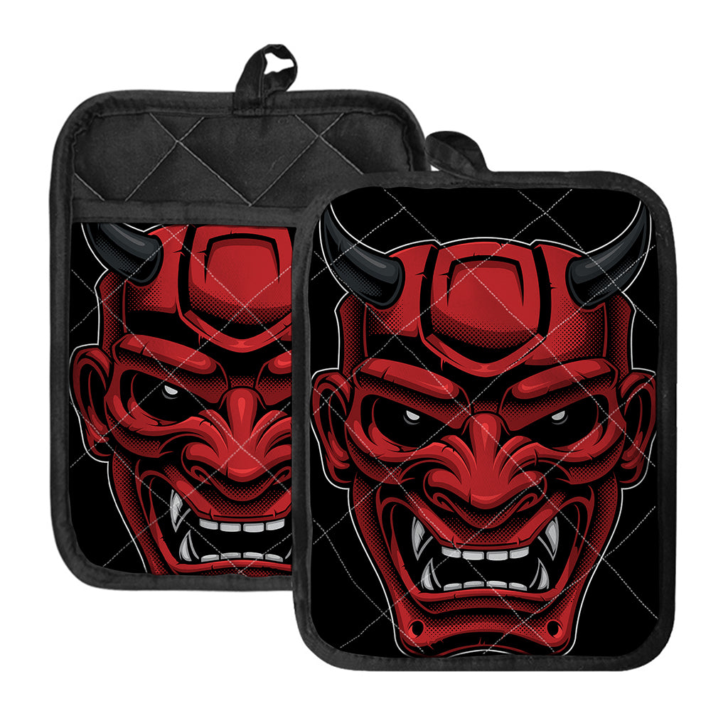 Red Japanese Demon Mask Print Pot Holders With Pocket