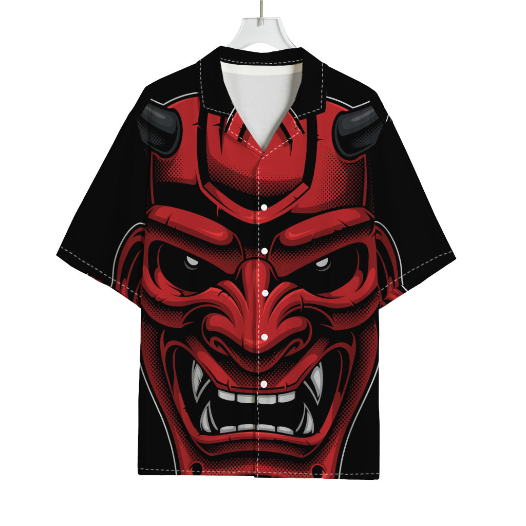 Red Japanese Demon Mask Print Rayon Hawaiian Shirt
