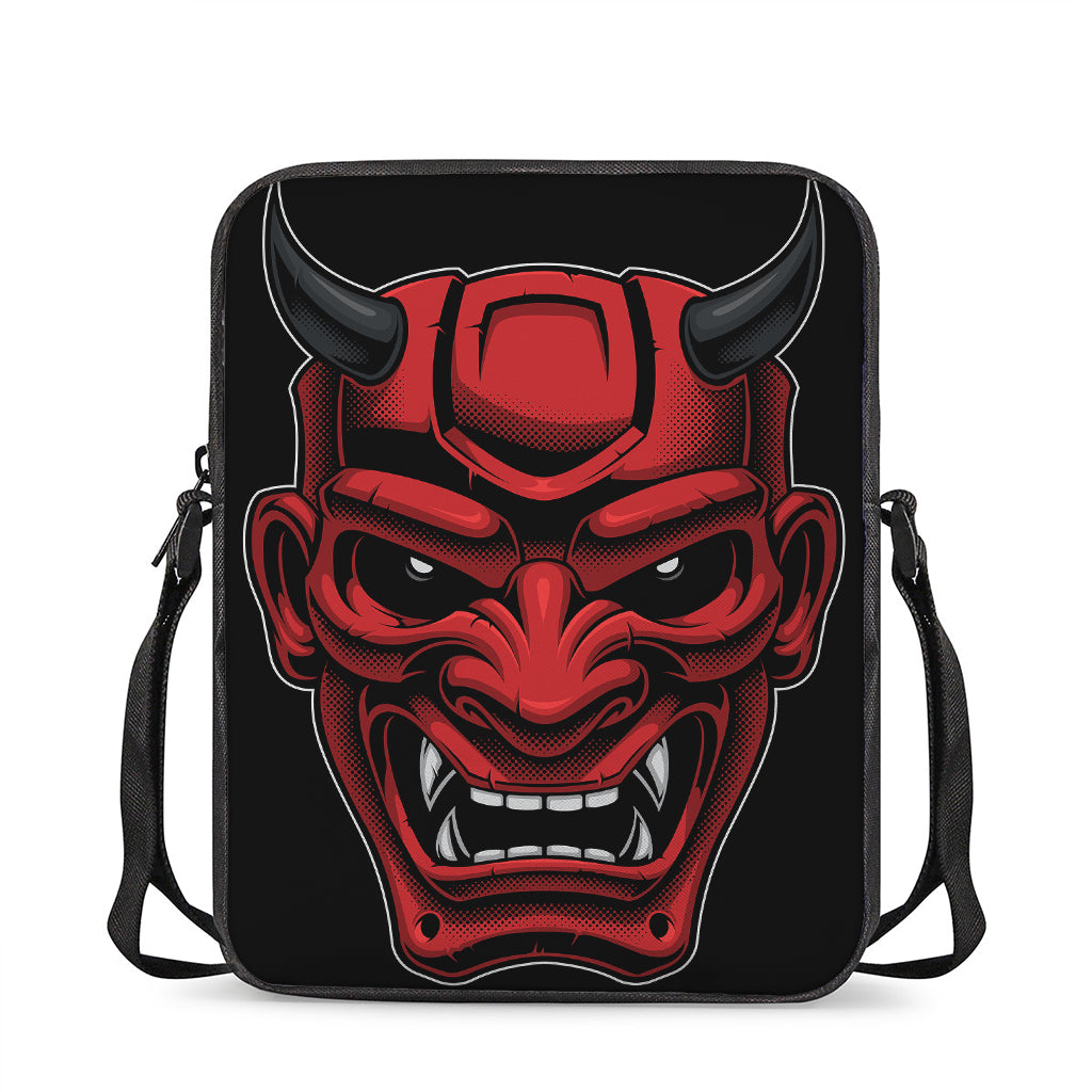 Red Japanese Demon Mask Print Rectangular Crossbody Bag