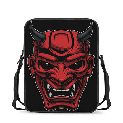 Red Japanese Demon Mask Print Rectangular Crossbody Bag