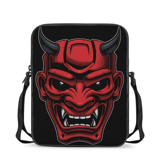 Red Japanese Demon Mask Print Rectangular Crossbody Bag