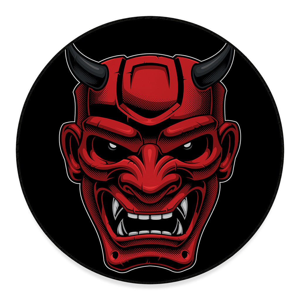 Red Japanese Demon Mask Print Round Floor Mat