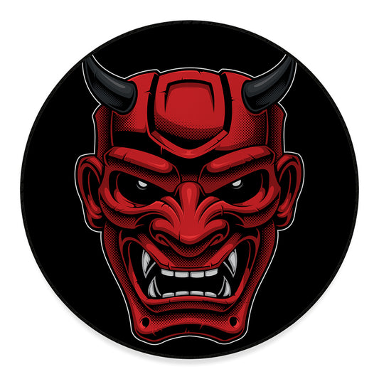 Red Japanese Demon Mask Print Round Floor Mat