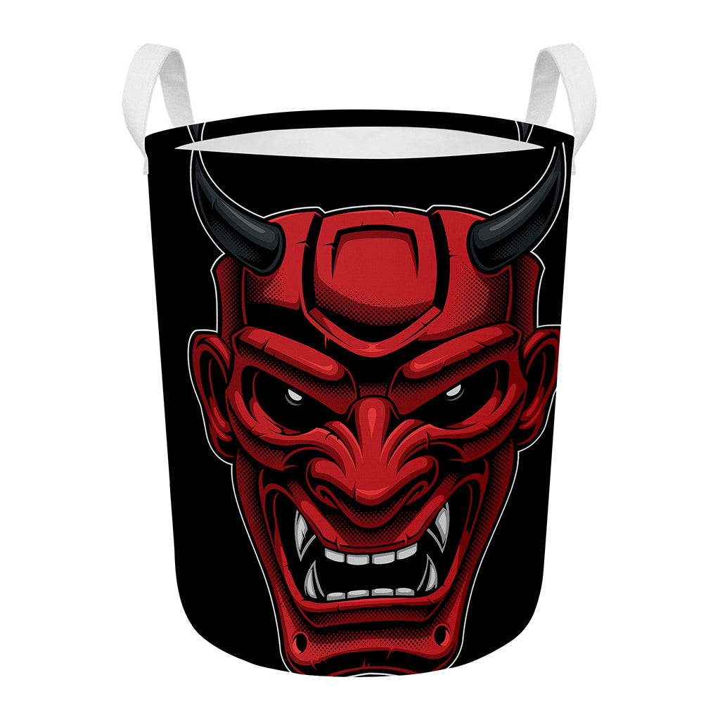 Red Japanese Demon Mask Print Round Laundry Basket