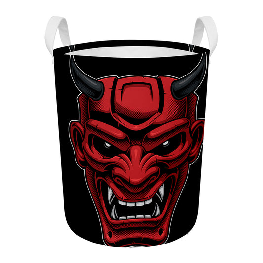 Red Japanese Demon Mask Print Round Laundry Basket
