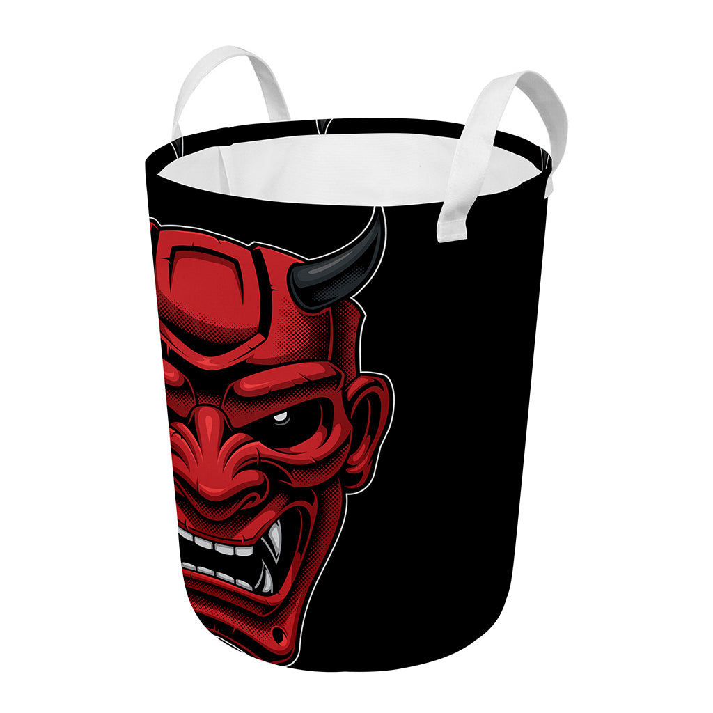 Red Japanese Demon Mask Print Round Laundry Basket