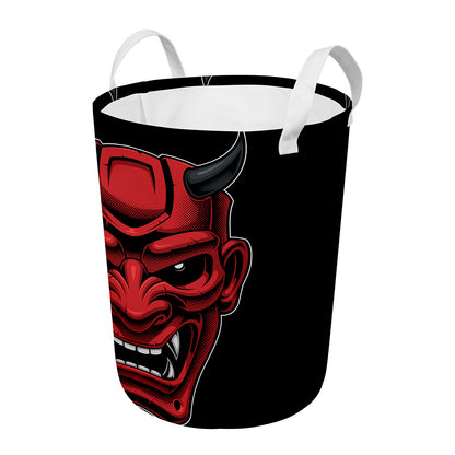 Red Japanese Demon Mask Print Round Laundry Basket