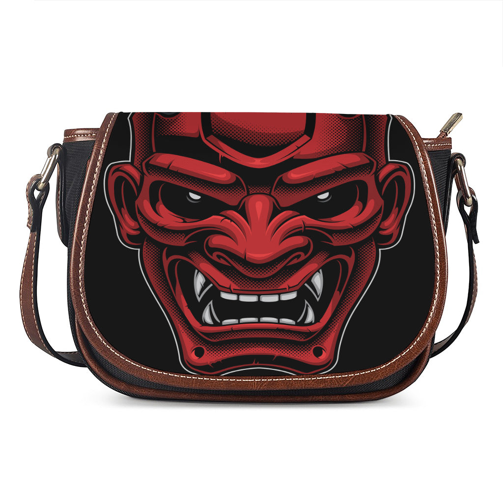 Red Japanese Demon Mask Print Saddle Bag