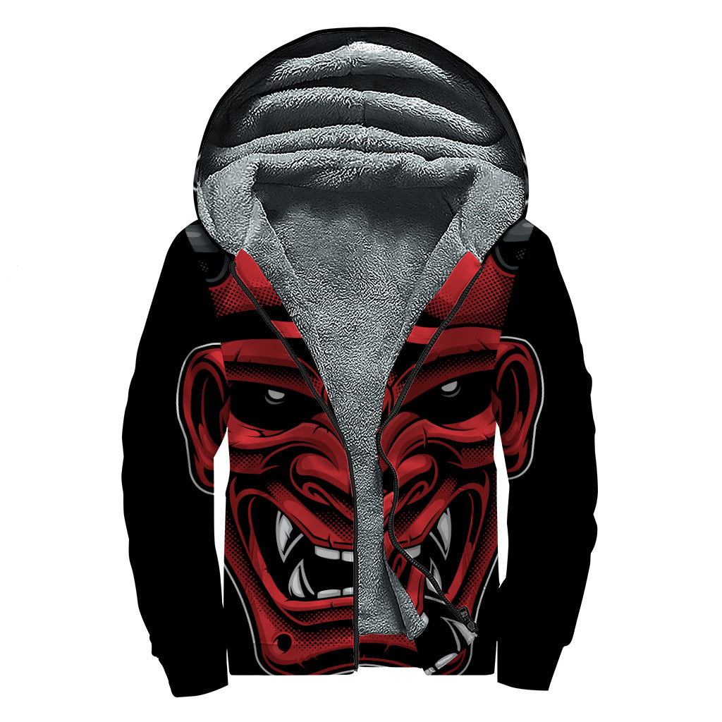Red Japanese Demon Mask Print Sherpa Lined Zip Up Hoodie