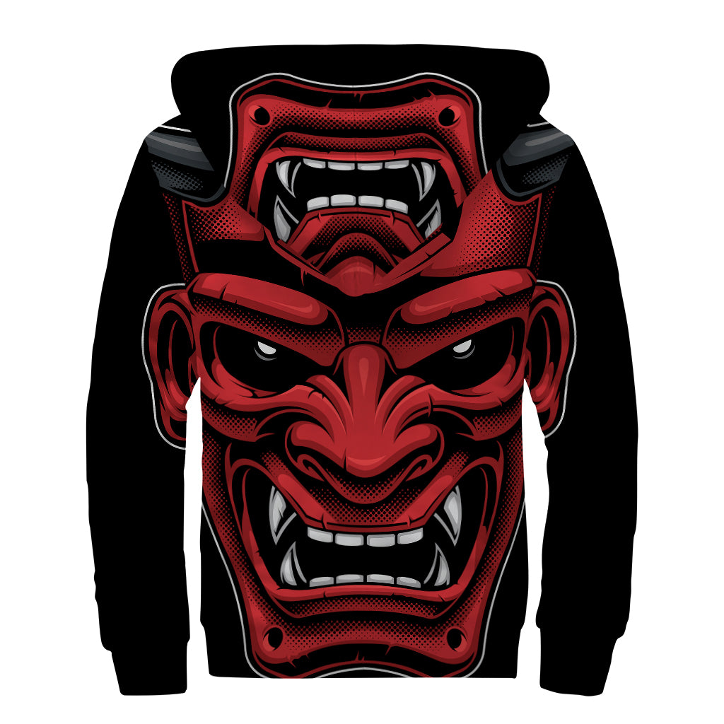 Red Japanese Demon Mask Print Sherpa Lined Zip Up Hoodie