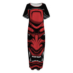 Red Japanese Demon Mask Print Short Sleeve Long Nightdress
