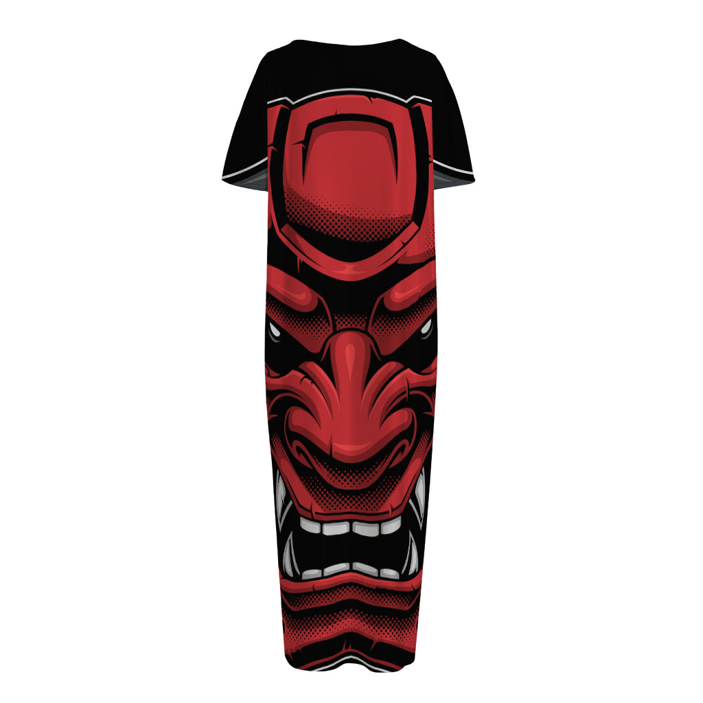 Red Japanese Demon Mask Print Short Sleeve Long Nightdress
