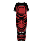 Red Japanese Demon Mask Print Short Sleeve Long Nightdress