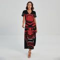 Red Japanese Demon Mask Print Short Sleeve Maxi Dress