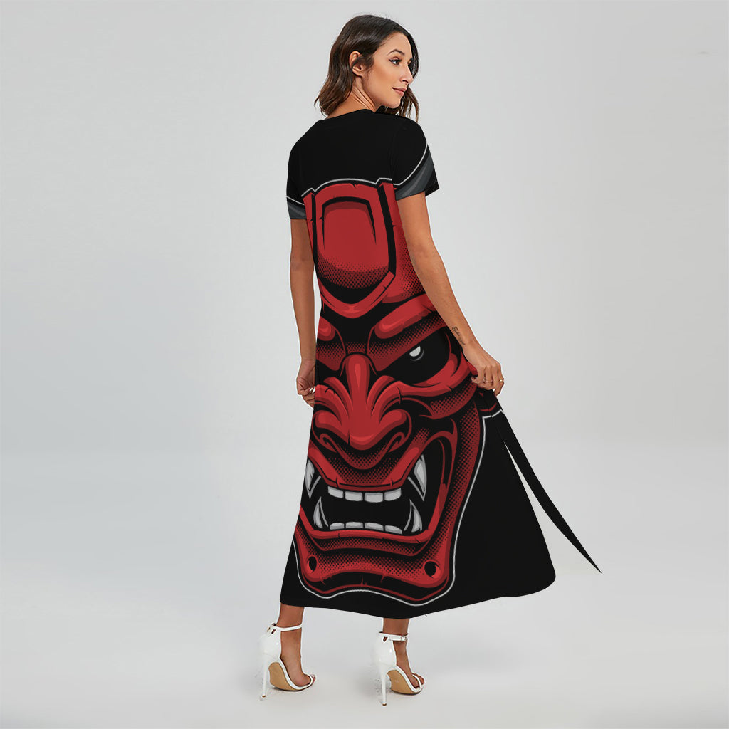 Red Japanese Demon Mask Print Short Sleeve Maxi Dress