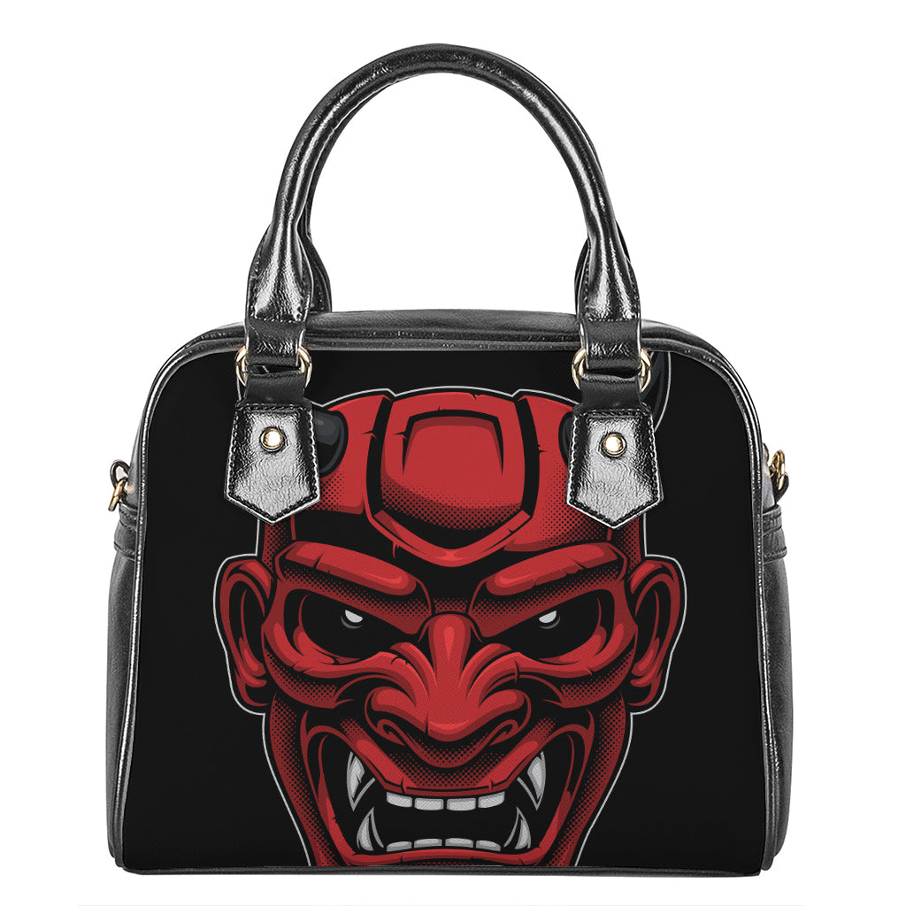 Red Japanese Demon Mask Print Shoulder Handbag