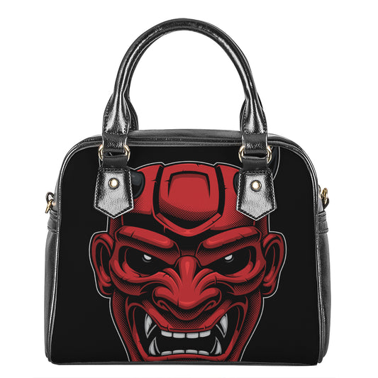 Red Japanese Demon Mask Print Shoulder Handbag