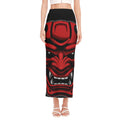Red Japanese Demon Mask Print Side Slit Maxi Skirt