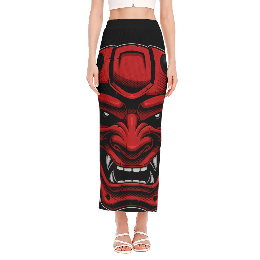 Red Japanese Demon Mask Print Side Slit Maxi Skirt