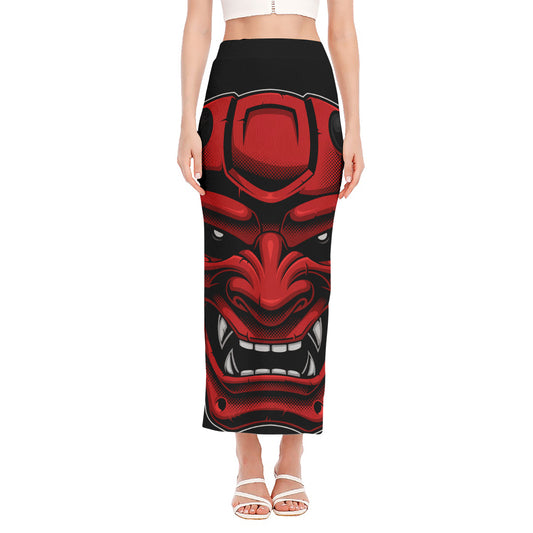 Red Japanese Demon Mask Print Side Slit Maxi Skirt