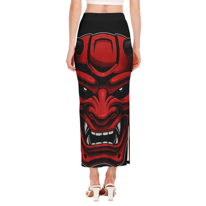 Red Japanese Demon Mask Print Side Slit Maxi Skirt