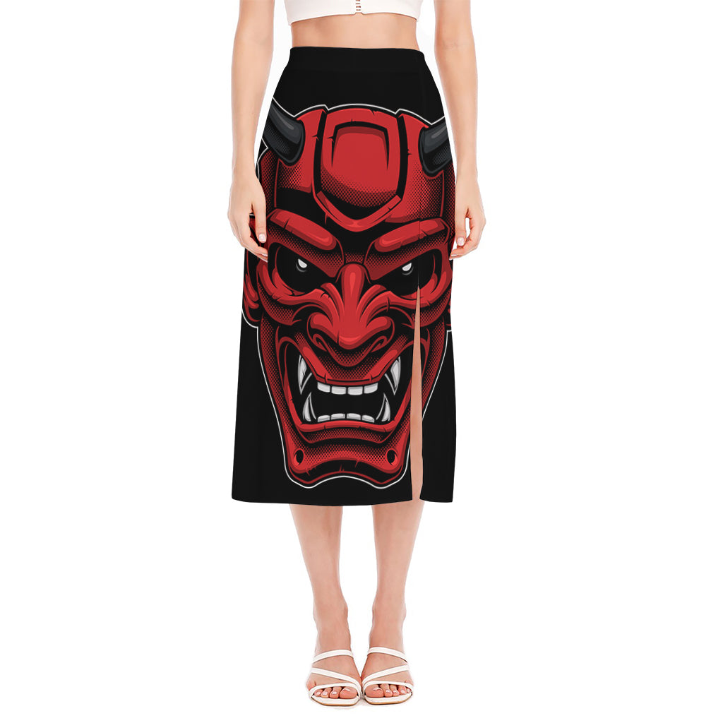 Red Japanese Demon Mask Print Side Slit Midi Skirt