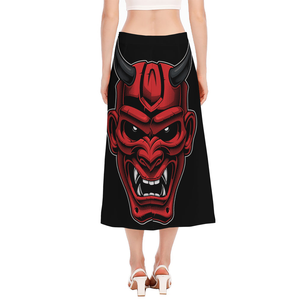 Red Japanese Demon Mask Print Side Slit Midi Skirt