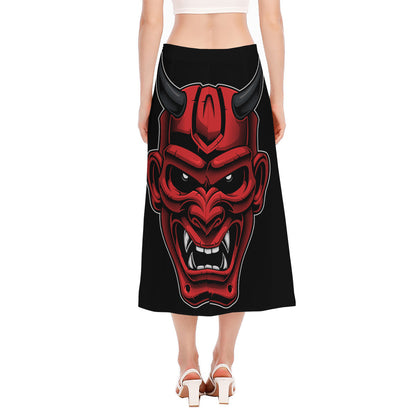 Red Japanese Demon Mask Print Side Slit Midi Skirt