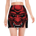 Red Japanese Demon Mask Print Side Slit Mini Skirt