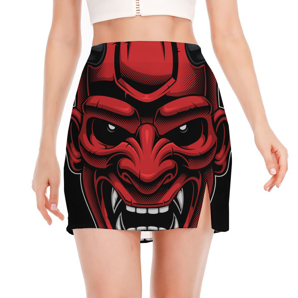 Red Japanese Demon Mask Print Side Slit Mini Skirt