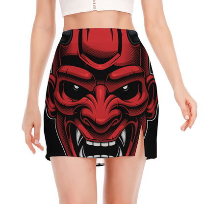 Red Japanese Demon Mask Print Side Slit Mini Skirt
